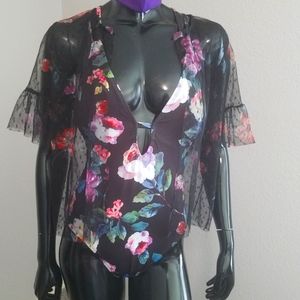 Floral black swimsuit with sheer cover